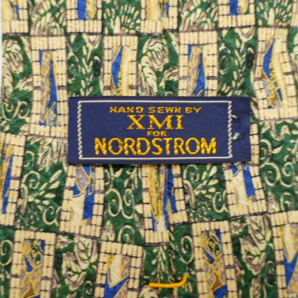 XMI Nordstrom Silk‎ Tie Green Tan Print Wide Geometric Abstract